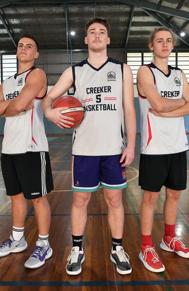 Queensland schools basketball tournament and Mountain Creek State High School have senior championship division boys team competing. Pictured, Aiden Cox, Kalin Goff and Bohde Norton. Photo Patrick Woods.