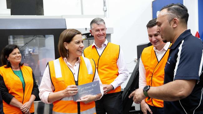 Queensland opposition leader Deb Frecklington speaks with machinist Brindles Rouse at Gold Coast company Gilmour Space. Picture: NCA NewsWire / Sarah Marshall