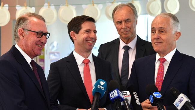 David Gonski, Minister for Education Simon Birmingham, Member for Bennelong John Alexander and Prime Minister Malcolm Turnbull delivered the latest Gonski report yesterday. (Pic: Mick Tsikas)