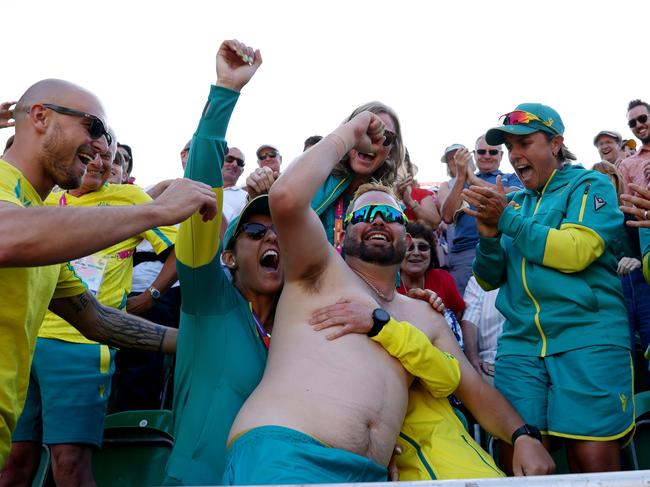 This iconic photo of Aaron Wilson winning bowls gold will not repeated at Glasgow. Picture: Getty Images