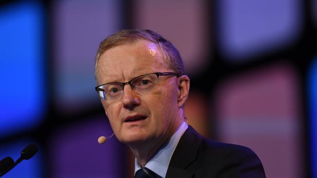 Governor of the Reserve Bank of Australia, Philip Lowe, addresses a business summit in Sydney earlier today. (AAP Image/Dean Lewins)