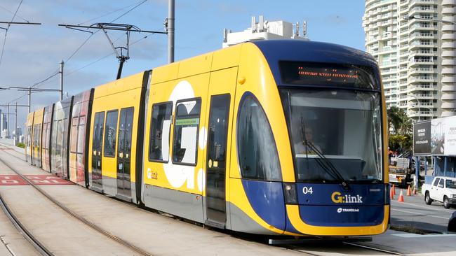 Gold Coast tram on the Southport Bridge. Picture Mike Batterham