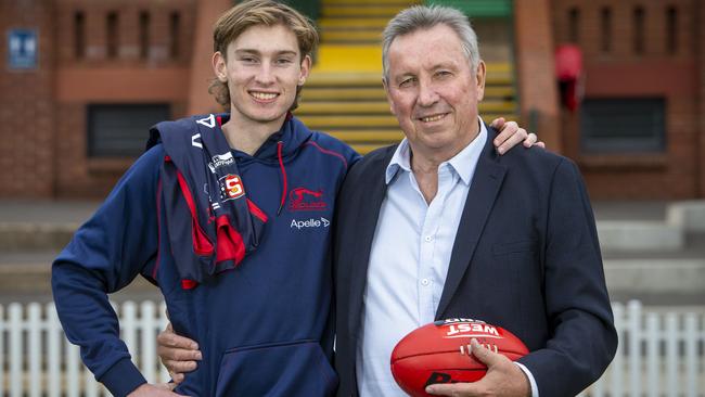 Norwood Hall of Famer Jim Michalanney with his son and emerging Crows star Max Michalanney at The Parade. Picture: Emma Brasier