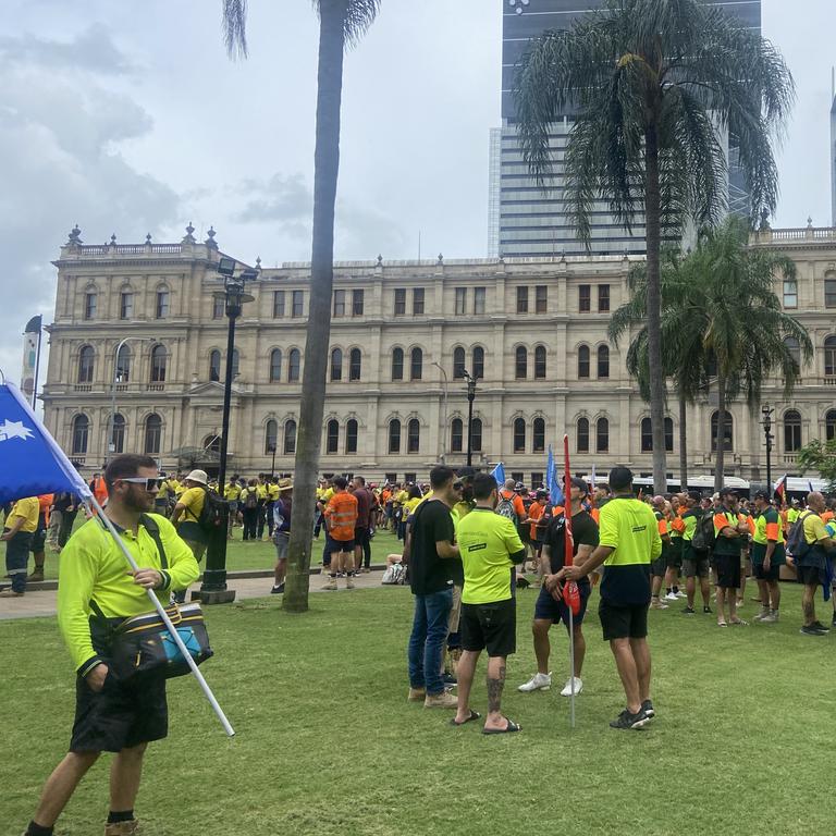 A CFMEU protest in the wake of a tragic worker death has shut down Brisbane’s CBD.