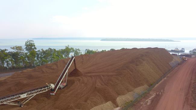 Tiwi plantation’s clean woodchip pile on Melville Island, ready for export.