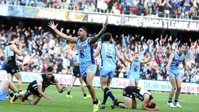 Byron Sumner celebrates on the siren after Sturt triumphed in this year’s SANFL grand final. Picture Sarah Reed