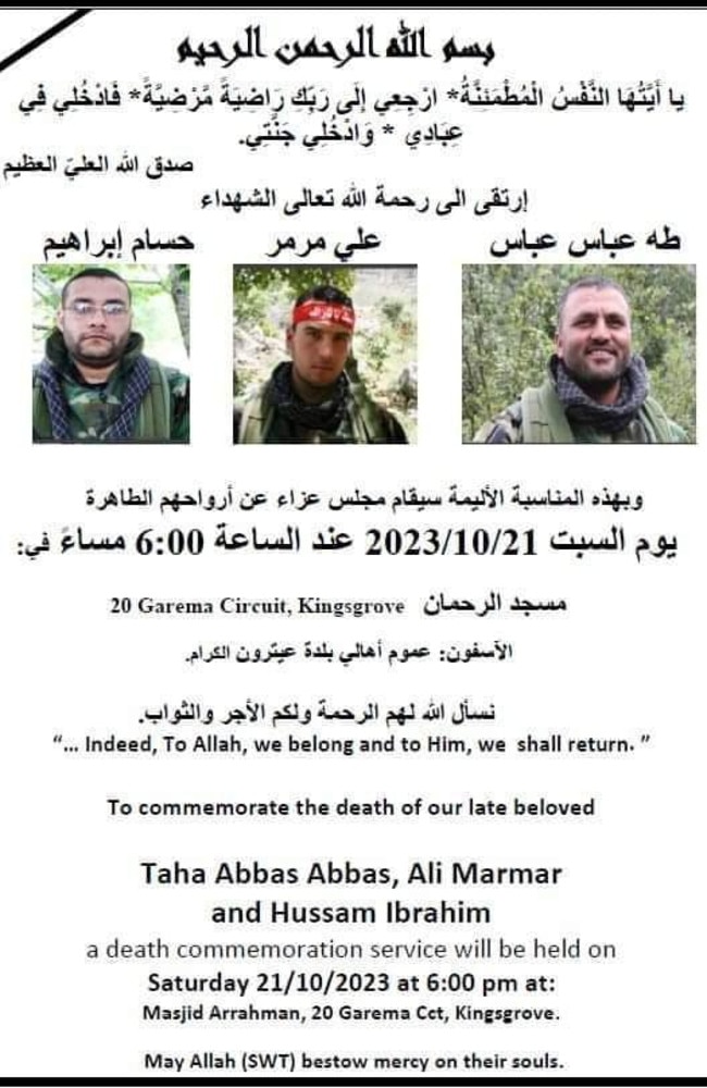 A Sydney mosque plans to hold a memorial service for three Hezbollah fighters on Saturday. Picture: Supplied