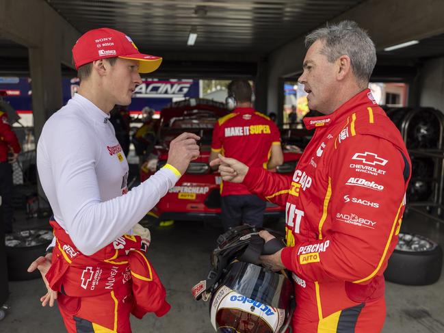 Cooper Murray chats with Craig Lowndes, who he will race with in the Supercars endurance races in a Triple Eight wildcard. Picture: Supplied.