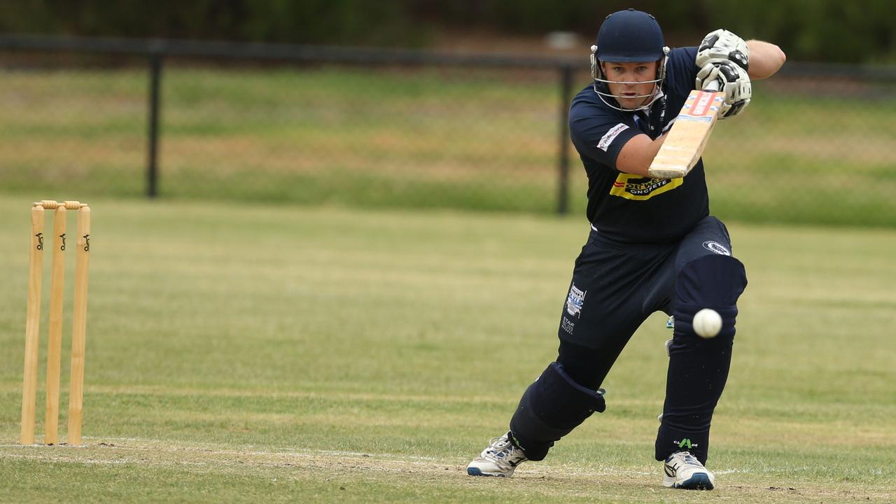 VSDCA - Chris Henry gets on the front foot for Hoppers Crossing. Picture: Stuart Milligan