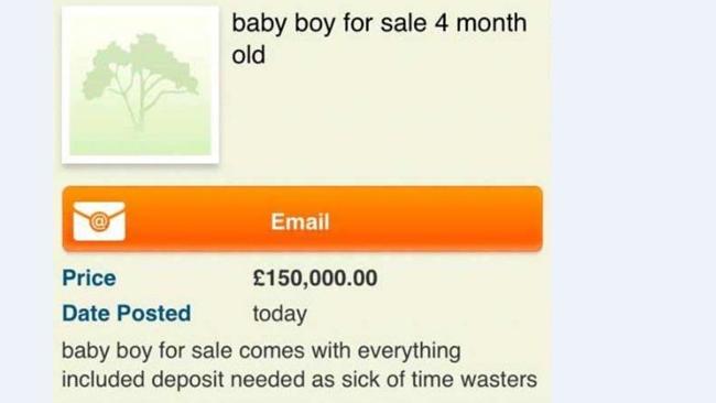 Baby for sale. The advertisement as it appeared on website Gumtree. 