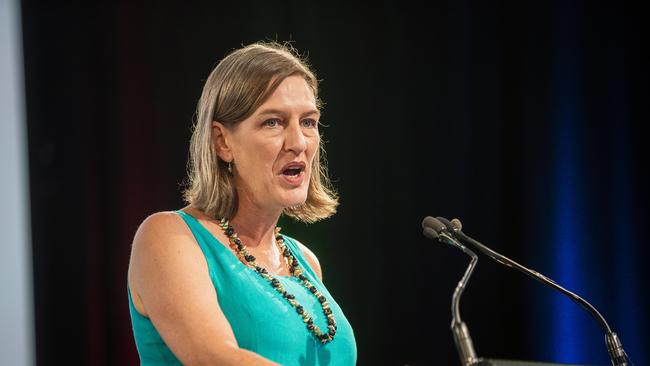 Cassy O'Connor speaks in the Tally Room. Picture: NCA NewsWire / Richard Jupe