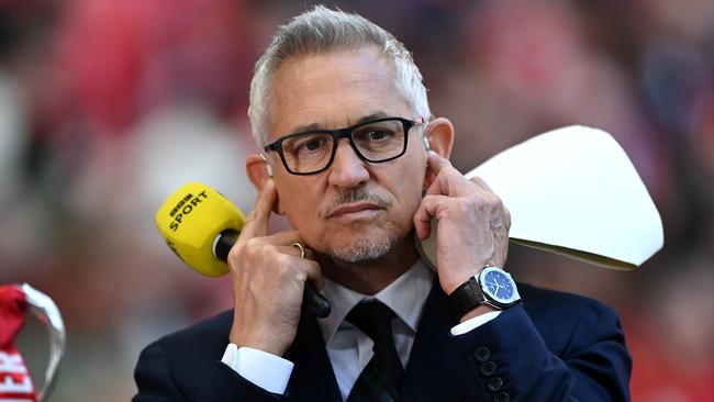 LONDON, ENGLAND - APRIL 16: Sports Broadcaster, Gary Lineker reacts prior to The Emirates FA Cup Semi-Final match between Manchester City and Liverpool at Wembley Stadium on April 16, 2022 in London, England. (Photo by Shaun Botterill/Getty Images)