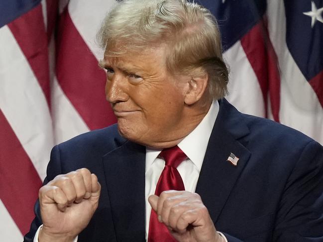 Republican presidential nominee former President Donald Trump dances after speaking at an election night watch party, Wednesday, Nov. 6, 2024, in West Palm Beach, Fla. (AP Photo/Alex Brandon)