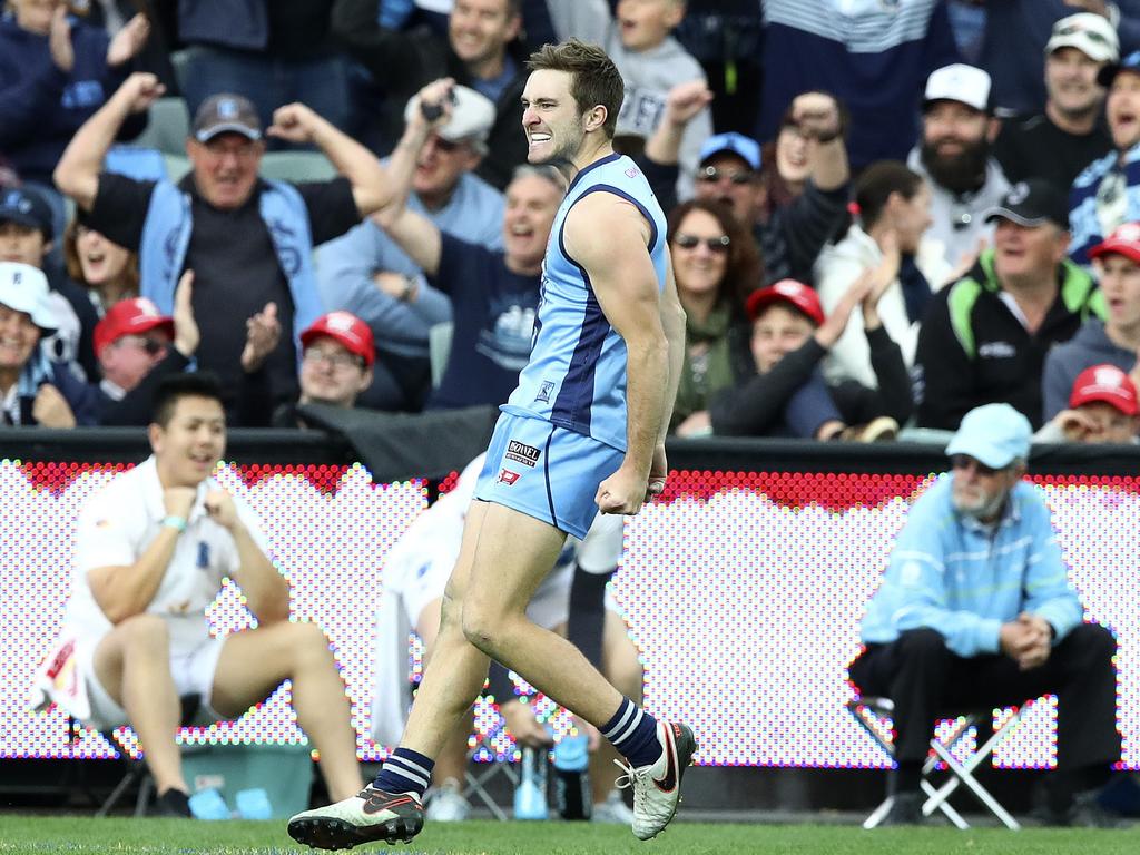 SANFL - GRAND FINAL - Sturt v Woodville West Torrens at Adelaide Oval. John Greenslade celebrates another Sturt Goal. Picture Sarah Reed