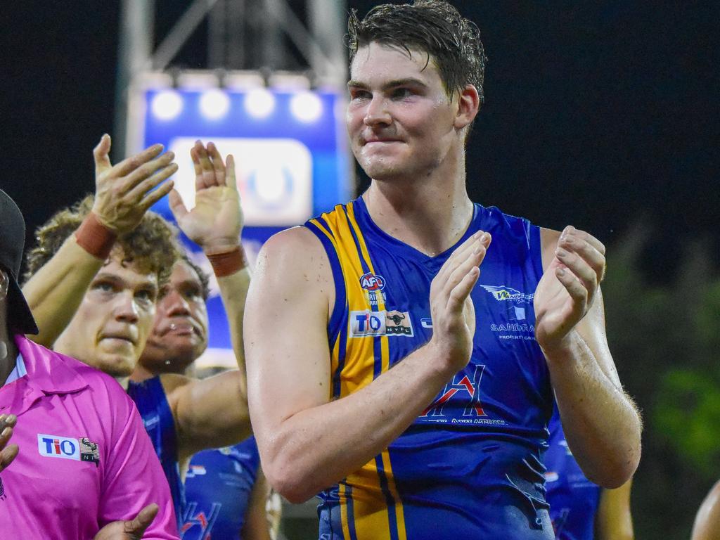 Wanderers' defender Brodie Newman celebrating his side’s victory over Nightcliff in the 2022-23 NTFL season. Picture: Tymunna Clements / AFLNT Media