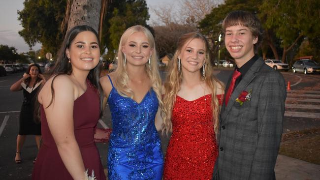 Stephanie Brodie, Taylah Thiedere, Lacey McGill and Matty Troxell at Mirani State High School formal at Ocean International on September 8, 2023. Photo: Zoe Devenport