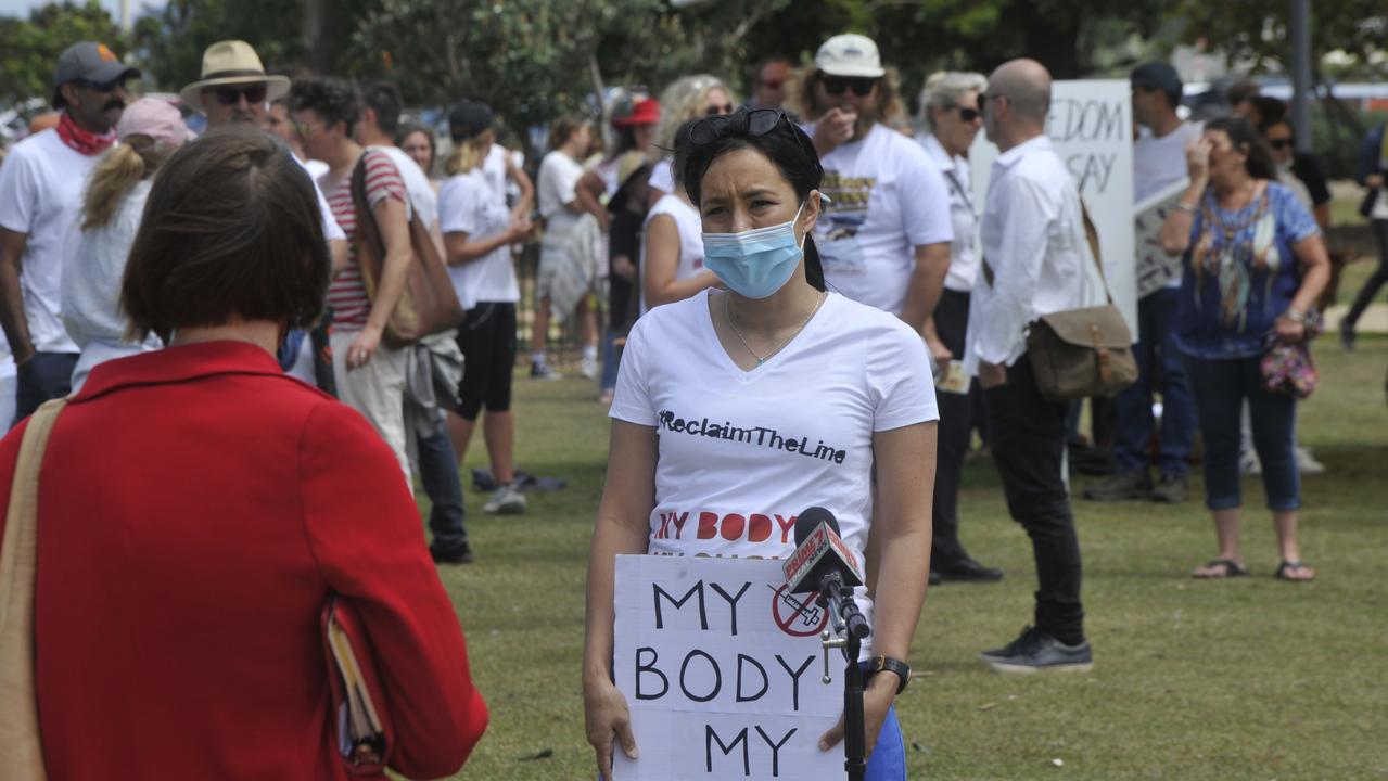 Protesters against the NSW government’s vaccine mandate in Coffs Harbour. Picture: Tim Jarrett