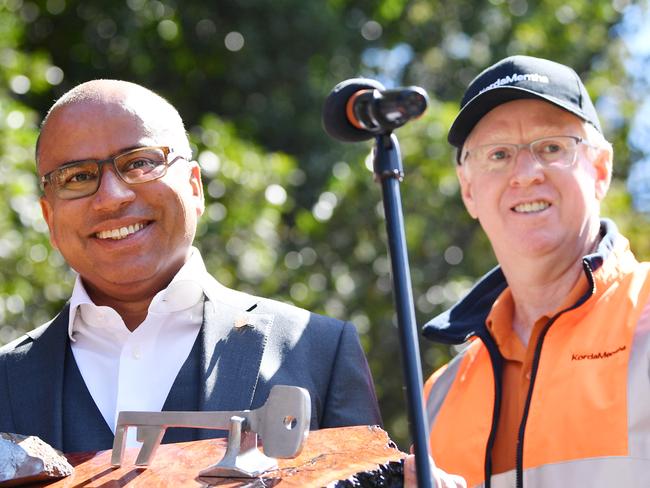 GFG Alliance executive chairman Sanjeev Gupta (with Mark Mentha, right) holds the keys to his new business at an event marking the official handover of Arrium's steel and mining operations across Australia to the GFG Alliance at the Whyalla steelworks in Whyalla, South Australia, Friday, September, 1, 2017. (AAP Image/David Mariuz) NO ARCHIVING