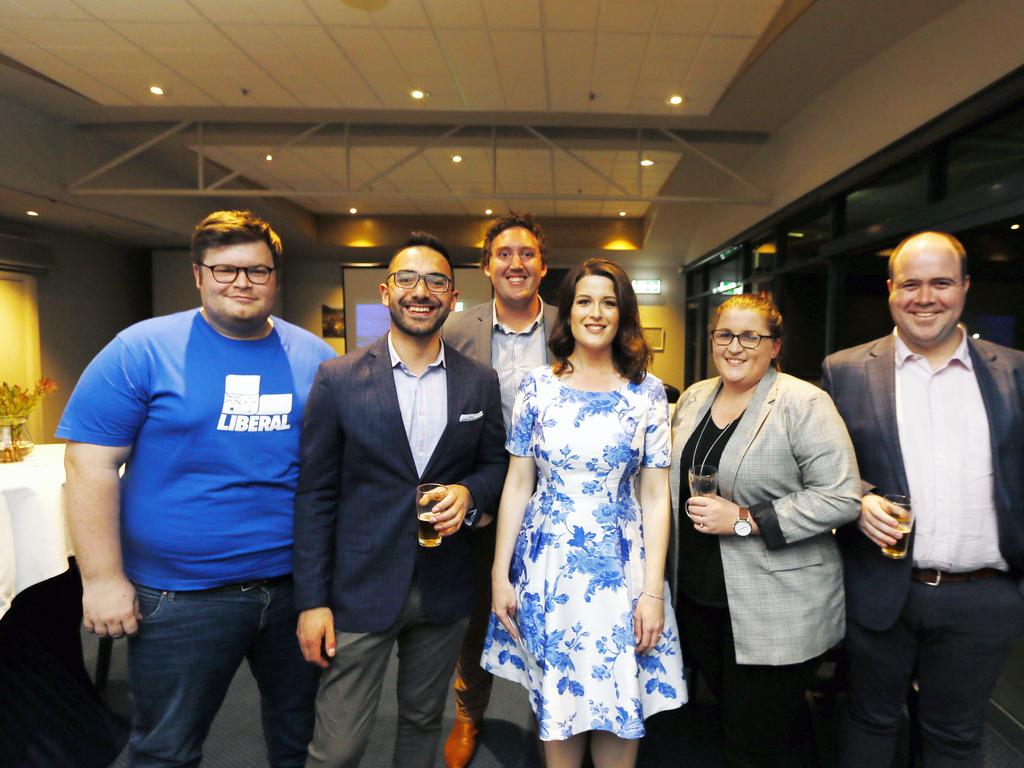 Tasmanian Liberals gathered at the Royal Yacht Club of Tasmania, Sandy Bay to watch the Federal election results. (L-R) Clark Coolley, Simon Behrakis, Chris Edwards, Claire Chandler, Rebecca Dunham, Christian Street. Picture: MATT THOMPSON