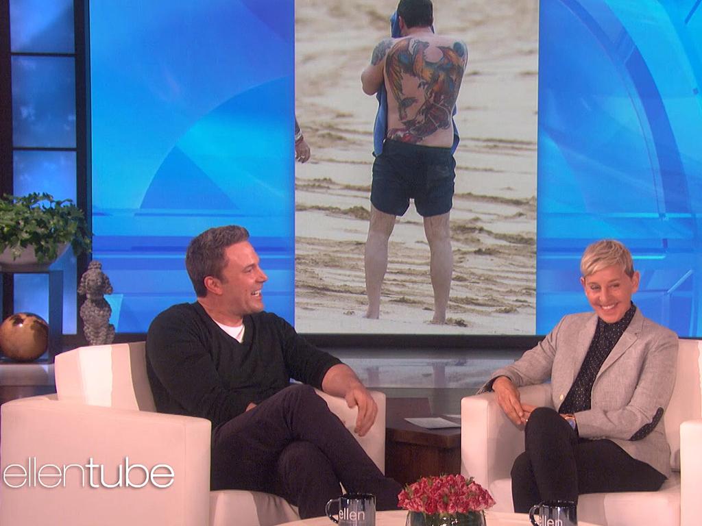 Ben Affleck told Ellen DeGeneres he doesn’t regret his OTT back tatt. Picture: EllenTube 