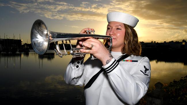 Dawn Service at Anzac Park for 83rd commemoration of Battle of Coral Sea. US Seventh Fleet Band member Musician 3rd Class Christina Taralson. Picture: Evan Morgan