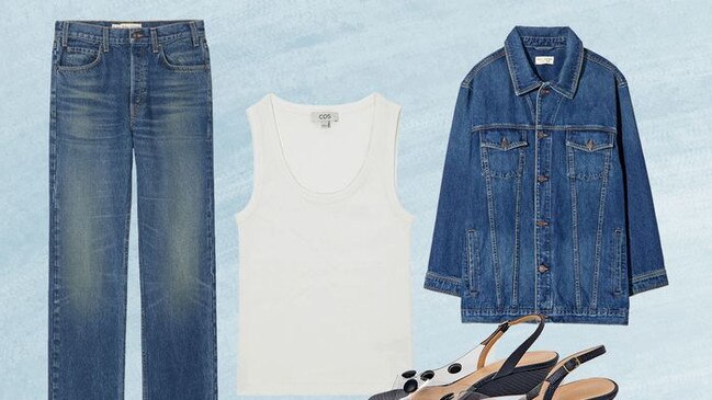 Clockwise from left: Mid-Rise Jeans, $450, NiliLotan.com; Tank Top, $39, Cos.com; Oversize Denim Jacket, $695, NiliLotan.com; Polka-Dot Slingback Shoes, $395, No6Store.com