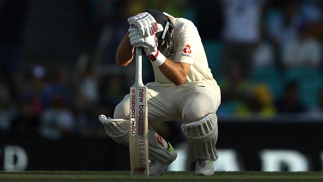 England captain Joe Root drops to his haunches after losing his wicket very late on the opening day of the fifth Test at the SCG. Picture: Getty Images