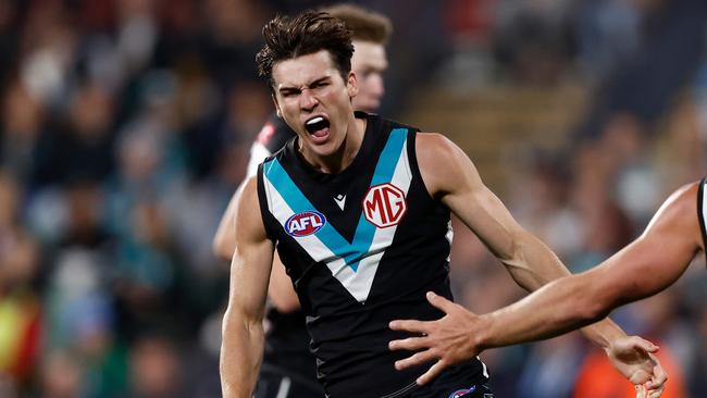 ADELAIDE, AUSTRALIA - APRIL 05: Connor Rozee of the Power celebrates during the 2024 AFL Round 04 match between the Port Adelaide Power and the Essendon Bombers at Adelaide Oval on April 05, 2024 in Adelaide, Australia. (Photo by Michael Willson/AFL Photos via Getty Images)