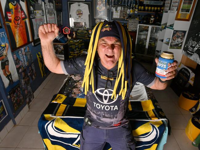 Darryl Serruier at his Cowboys man cave at his Kirwan home. Picture: Evan Morgan