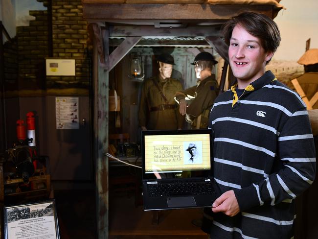 Ned Uren and his Video animation he wrote and built as part of his year 9 history class at Saint Ignatius College about a WW1 soldier at the Army Museum of South Australia Monday,April,19,2021.Picture Mark Brake