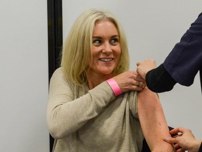 ADELAIDE, AUSTRALIA - NewsWire Photos MAY 27, 2021 - Health worker Cassandra Vakulin (0416234158) gets a Pfizer jab at the Wayville Covid-19 vaccination clinic. Picture: NCA NewsWire / Brenton Edwards