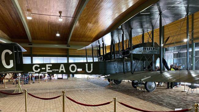 The historic Vickers Vimy aircraft is seen on display at Adelaide Airport.