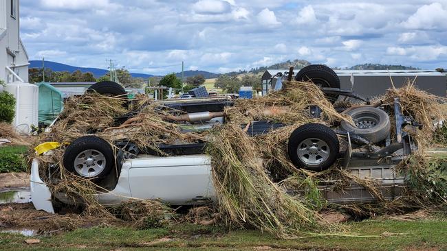 Overturned cars were strewn throughout Eugowra. Picture: Chris Watson/ Farmpix Photography