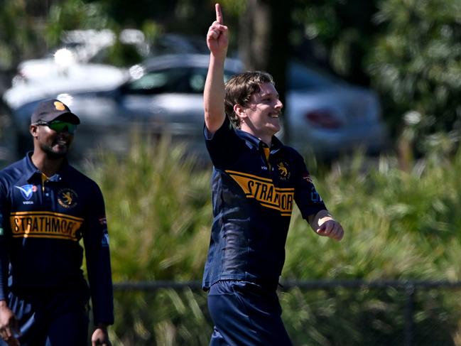 Strathmore’s Luke Bassi celebrates a wicket for Strathmore. Picture: Andy Brownbill