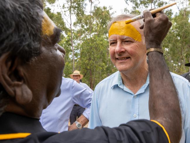 EAST ARNHEM, AUSTRALIA - JULY 29: Australian Prime Minister Anthony Albanese has his face painted during the Garma Festival at Gulkula on July 29, 2022 in East Arnhem, Australia.  The annual Garma festival is held at Gulkula, a significant ceremonial site for the Yolngu people of northeast Arnhem Land about 40km from Nhulunbuy on the Gove peninsula in East Arnhem. The festival is a celebration of Yolngu culture aimed at sharing culture and knowledge which also brings politicians and Indigenous leaders together to discuss issues facing Australia's Aboriginal and Torres Strait Islander people. This year is the first time the festival has been held since 2019 following a two-year absence due to the COVID-19 pandemic. (Photo by Tamati Smith/Getty Images)