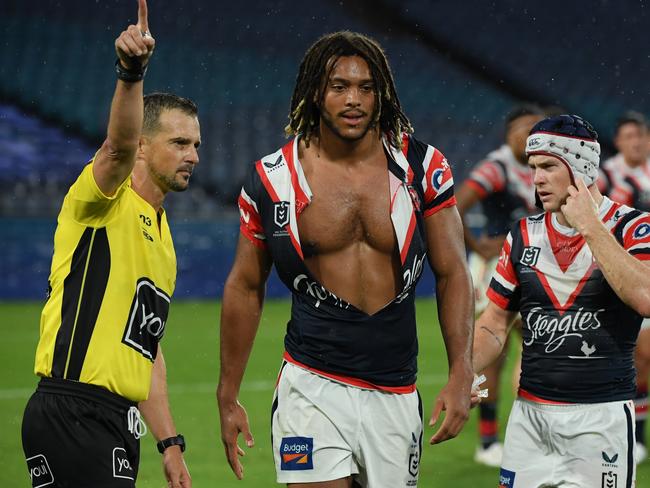 Dominic Young sent off for a foul play tackle on Blake Taaffe in round 5 of the 2024 NRL season. Image by Grant Trouville