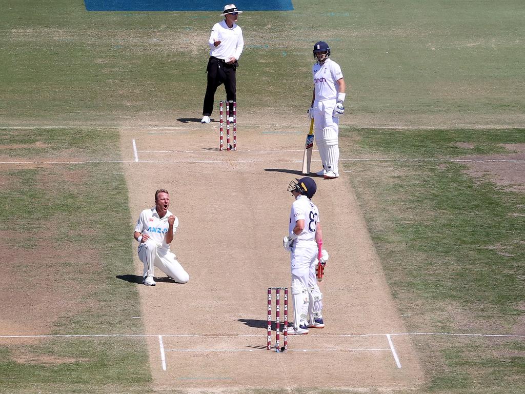 Neil Wagner of New Zealand celebrates his wicket of Ollie Pope of England. Picture: Phil Walter