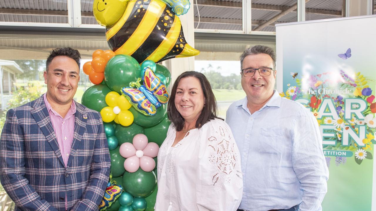 (from left) Cr James O'Shea with Leisa and Serge Rossignol. The Chronicle Garden Competition Launch at the Glenvale Room, Toowoomba Showgrounds. Thursday, April 20, 2023. Picture: Nev Madsen.