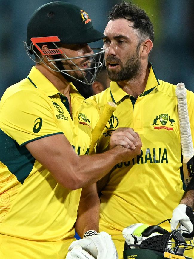 Senior players in Marcus Stoinis (L) and Glenn Maxwell are set to support Inglis. Picture: TAUSEEF MUSTAFA / AFP