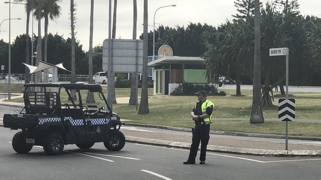 Police outside the toilet block where the suspicious device was found. Picture: Glenn Hampson.