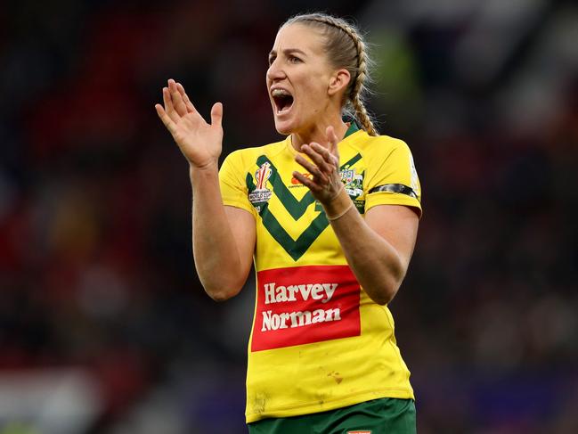 MANCHESTER, ENGLAND - NOVEMBER 19: Ali Brigginshaw of Australia reacts during the Women's Rugby League World Cup Final match between Australia and New Zealand at Old Trafford on November 19, 2022 in Manchester, England. (Photo by Charlotte Tattersall/Getty Images for RLWC)