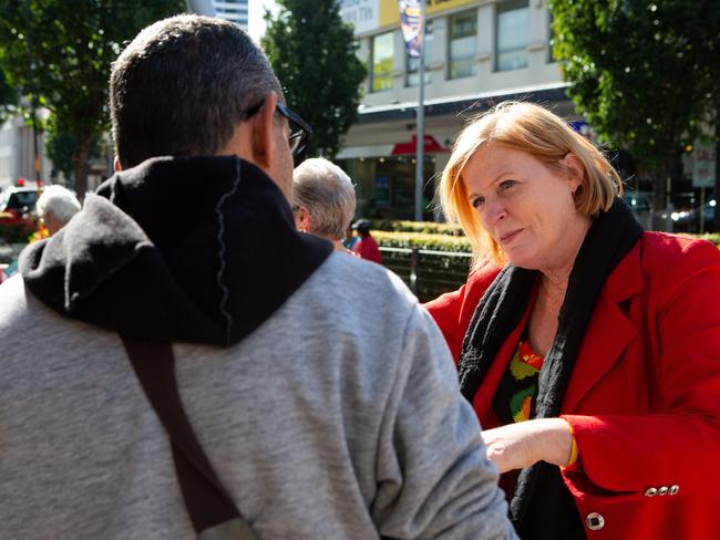 Julie Owens talks with a voter yesterday. Picture: Jordan Shields