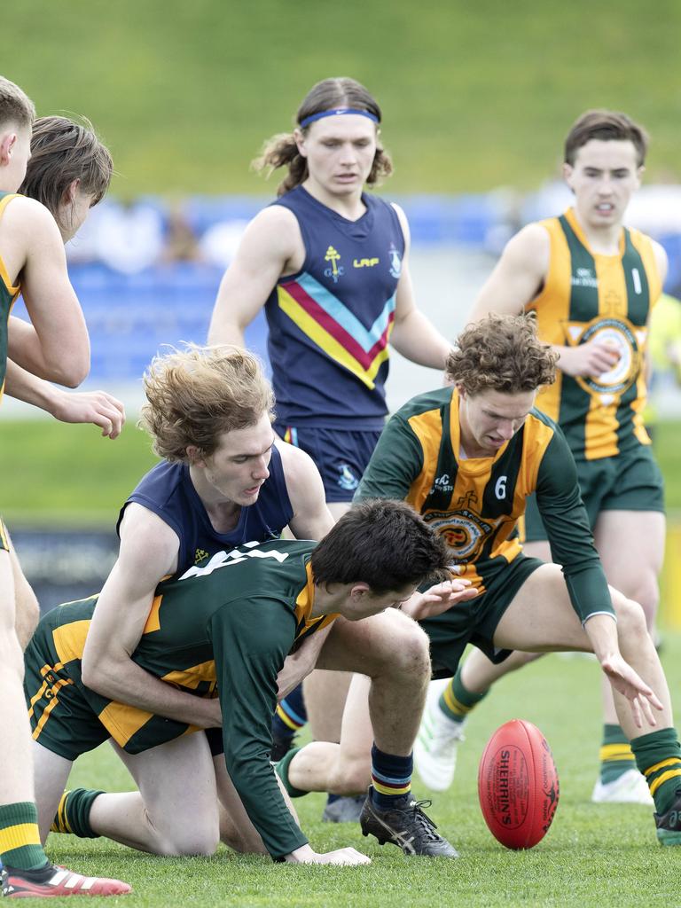 Action from the SATIS football grand final between Guilford Young College and St Patrick’s College. Picture: Chris Kidd