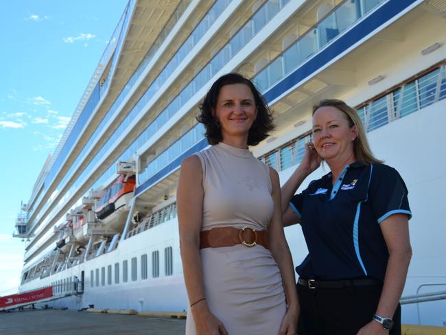 Townsville Enterprise chief executive Claudia Brumme-Smith with Port of Townsville Chief Executive Officer Ranee Crosby at the Viking Orion cruise ship. Picture: Natasha Emeck