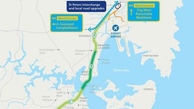 Map illustrating the proposed route for of the M1/F6 corridor through southern Sydney.