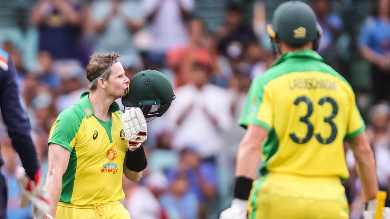 Steve Smith kisses his helmet after reaching his century. Picture: Getty Images