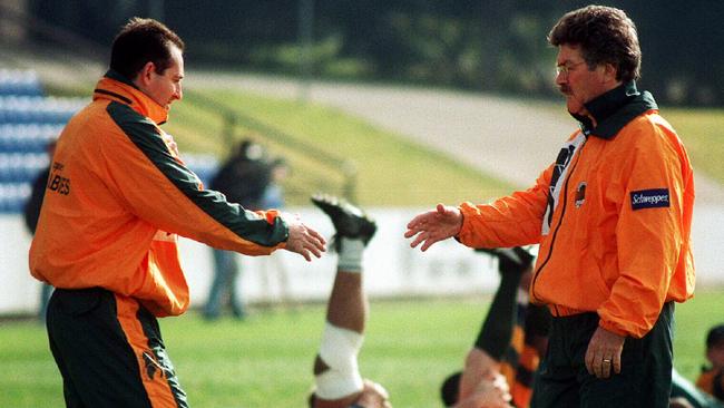 David Campese is greeted by Wallabies coach Bob Dwyer at Concord Oval.