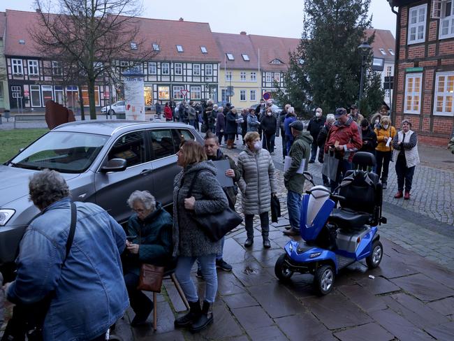 People wait in line to receive the Covid vaccine in Bad Wilsnack, Germany. Picture: Getty Images