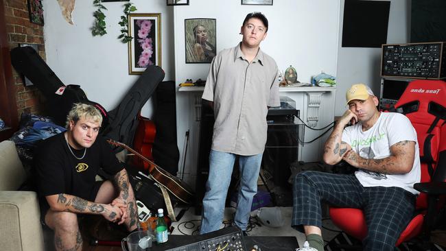 DMA'S in its Sydney studio last month. L-R: Johnny Took, Tommy O'Dell and Matt Mason. Picture: John Feder