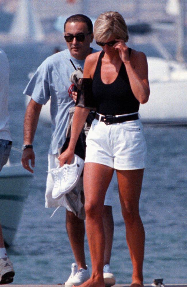 Princess Diana on holiday with Dodi in St Tropez on August 22, 1997. Picture: Patrick Bar